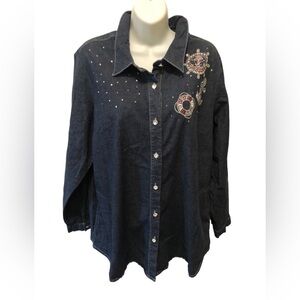 Quacker Factory Anchors Away Woven Shirt  Sz. XL Denim Blue Cotton Stretch